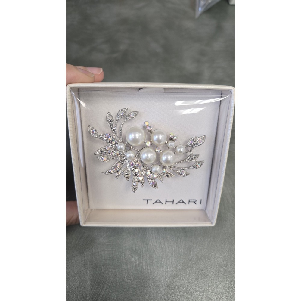 Tahari Faux Pearl and Aurora Borealis Crystal Brooch In Silver Tone. New In Box